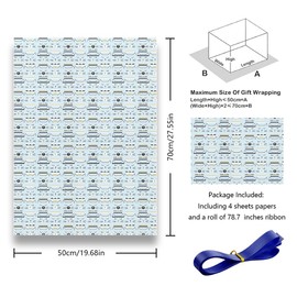 Cat Wrapping Paper for Boys Girls Children, Cute Kitten Wrapping Paper, 4 Sheets, 28 x 20 Inch Recyclable Funny Animal Wrapping Paper with Blue Ribbon for Birthday, Baby, Shower, Pet Party