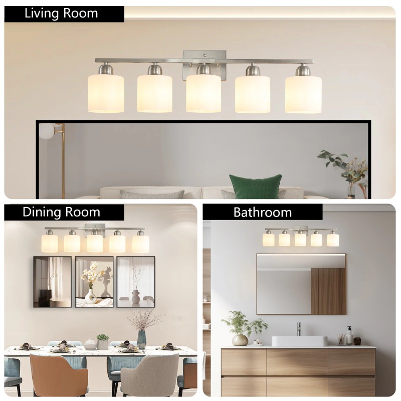 Milk Glass Bathroom Vanity Light Over Mirror, 5 Light Matte