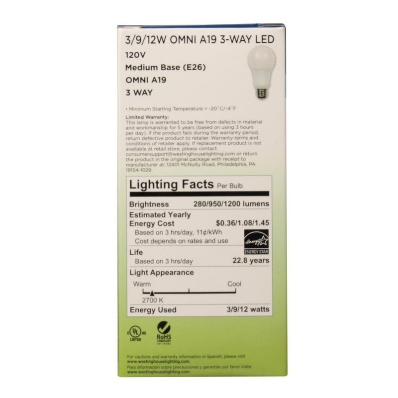 Westinghouse 5314000 30/70/100-Watt Equivalent Omni A19 3-Way Soft White Energy