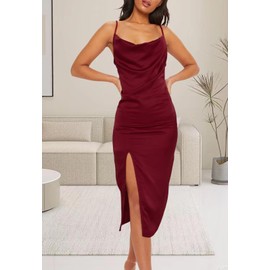 YouSexy Women's Sexy Sleeveless Spaghetti Strap Satin Dress Elegant Slip Nightgown Midi Dress Wine Red