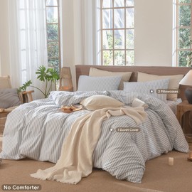 MooMee Striped Duvet Cover Set 100% Washed Cotton Linen Like Textured Breathable Durable Soft Comfy (Cornflower Blue White Classic Stripes, Queen 90"x90")