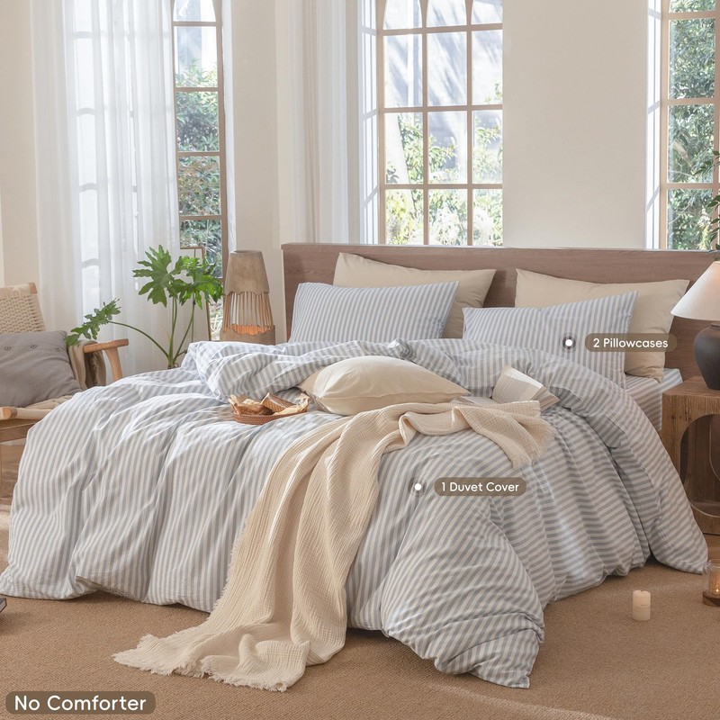 MooMee Striped Duvet Cover Set 100% Washed Cotton Linen Like