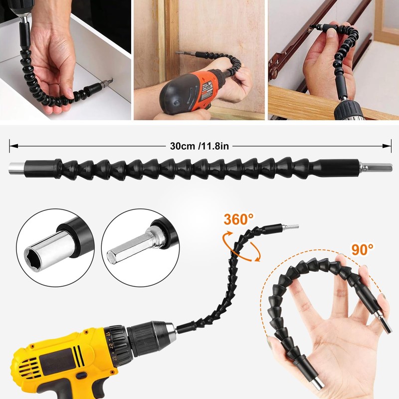 Flexible Drill Bit Extension Set,105° Right Angle Drill Attachment,1/4 3/8