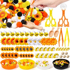 172 Pcs Bee Sensory Bin Filler Sunflower Sensory Bin Items Summer Fine Motor Toys Counting Sorting Colorful Pom Poms Cup Clip Bee Honeycomb Wooden Beads Scoop for Preschool Education Activities