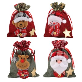 4 Pieces Christmas Drawstring Gift Bags Xmas Santa Claus Snowman Elk Doll Present Bags Gift Package Candy Sweet Goodie Wrapping Bags for Kids Holiday Christmas Eve Presents