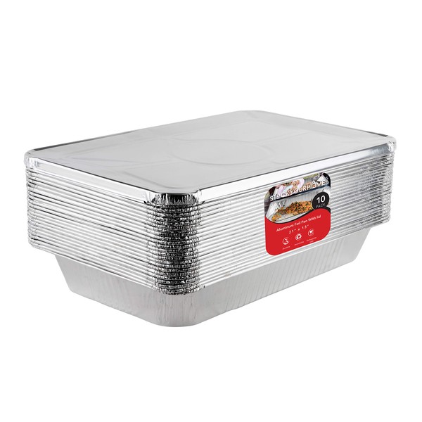 Aluminum Pans with Lids 21x13 Disposable Roasting Pans with Covers - 10 Foil Pans and 10 Foil Lids - Sturdy Catering Pans - Disposable Food Containers Great for Prepping Large Slabs of Meat