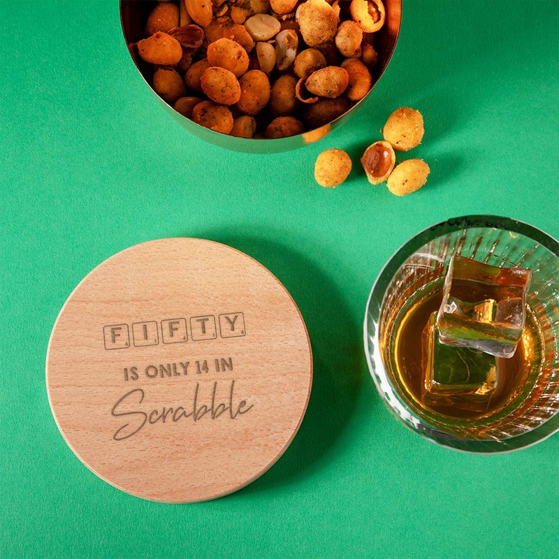 "Fifty Is Only 14 In Scrabble" Engraved Wood Coaster -