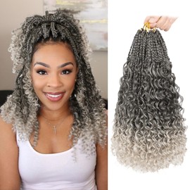 Goddess Box Braids Crochet Hair-14 Inch Gray Boho Crochet Hair for Black Women, 8PK Pre Looped Crochet Boho Braids with Curly Ends(1B/Gray)