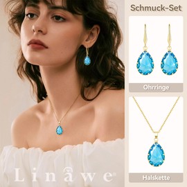 Linawe Jewellery Set, Bridal Jewellery, Wedding Jewellery, Women's Earrings Hanging and Pendant Chain Necklace, Available in Silver, Gold and Rose Gold, Yellow Gold Copper Gemstone, Created Aquamarine