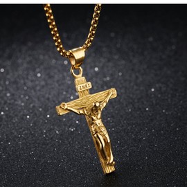 Rockyu Gold Cross Necklace for Men Stainless Steel 22 Inch Chain INRI Crucifix Pendant Catholic Jesus Crucifixion Religious Jewelry Gift