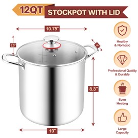 TeamFar 12 Quart Stock Pot, Stainless Steel Tri-ply Stockpot Large Pasta Soup Cooking Pot with Clear Lid, for Induction Gas Electric Ceramic, Healthy & Heavy Duty, Solid Handles & Dishwasher Safe