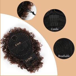 MKJVEN Afro Puff Drawstring Ponytail With Bangs For Black Women, Brown Short Drawstring Ponytail Extension Kinky Curly Mohawk Wigs (33#)