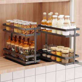 Mustorn 2 Pack Pull Out Spice Rack Organizer for Cabinet, 2 Tier Metal Slide Out Seasoning Organizer and Storage Heavy Duty Vertical Spice Rack Shelf Pullout for Kitchen Cabinets No Drilling (Black)