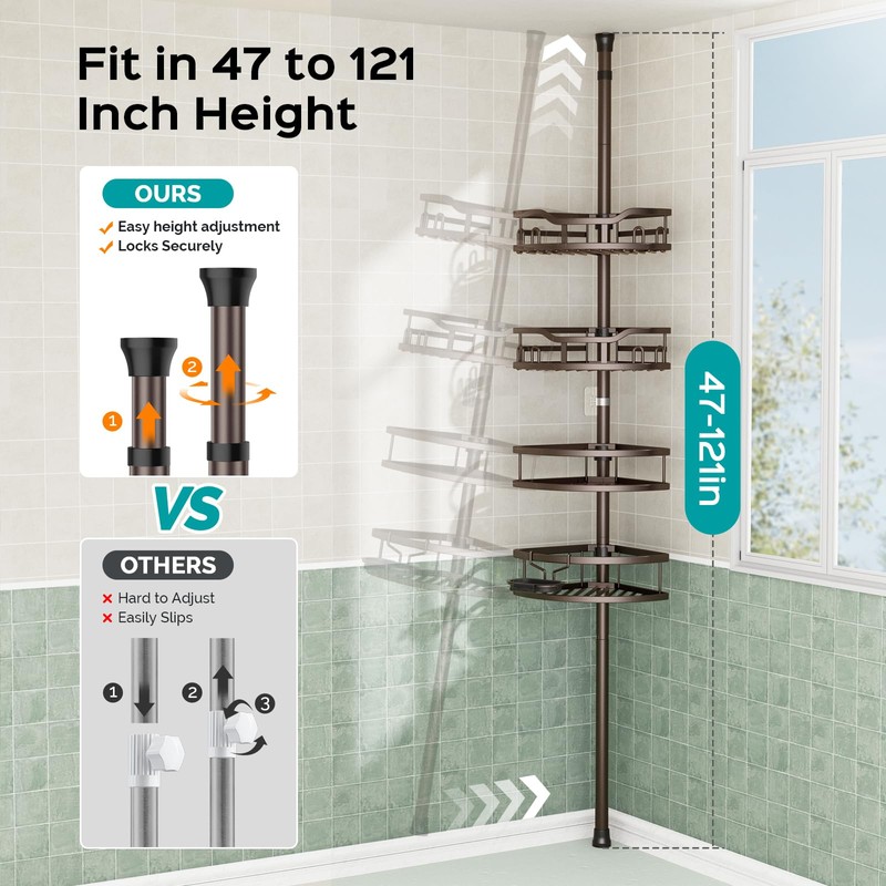 Corner Shower Caddy Tension Pole: Rustproof Stable 4-Tier Bathroom Organizer