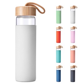 20 Oz Borosilicate Glass Water Bottles with Silicone Sleeve BPA Free, Dishwasher Safe - Reusable Clear Glass Drinking with Leak Proof Bamboo Lid | Perfect Gym Water Bottles for Men & Women