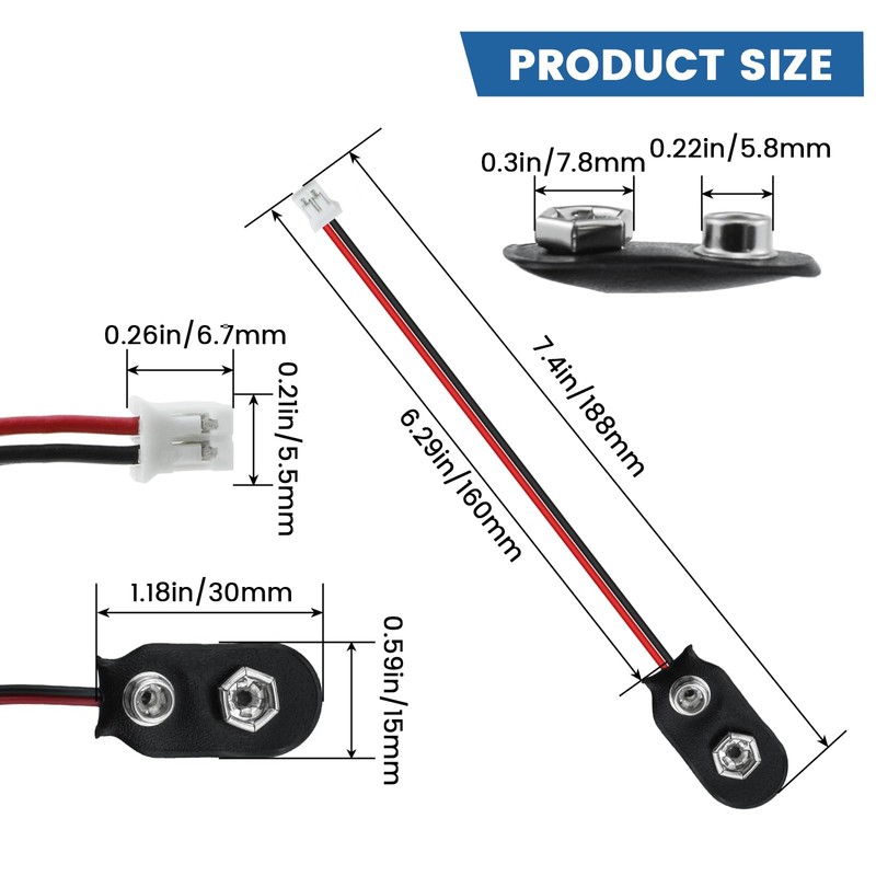 SDTC Tech 3 Pack 9V Battery Snap to 2-Pin PH2.0