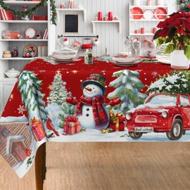 Christmas Tablecloth 60x84 Inch Rectangle, Christmas Decorations For Home Snowmen Red Table Cloth Festival, Xmas Snowmen Tablecloths Cover Oblong Polyester Vintage for Winter Picnic Party Dinner