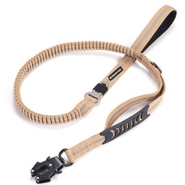 Dog Leashes for Large Dogs Heavy Duty, Tactical Dog Leash with Two Padded Traffic Handle Control Dog Walking Training, 4-6 Foot Reflective Bungee Dog Leash with Frog Clip, with Car Seatbelt (Brown)
