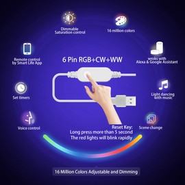 Smart Wifi USB RGBWW LED Strip 3 m Kit, Compatible with Alexa/Google Home, App/Voice Control, 5 V RGB Warm White, Cool White Lightstrip, Ambient Lighting, Colour Changing, Music Synchronisation Time Setting