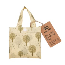 ECO CHIC Lightweight Foldable Reusable Shopping Bag | Water Resistant Shopping Tote Bag | Folds Into Attached Pouch for Storage | Made from Recycled Plastic Bottles (Tree of Life Beige), S