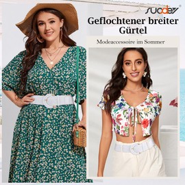 SUOSDEY Rattan Braid Belt for Women Wide Waist Belt Dress Woven Boho Belt with Semicircular Buckle, 4. White