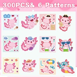 Deorfuy Axolotl Make a Face Stickers, 300Pcs DIY Cartoon Salamander Animal Mix and Match Stickers Roll, Make Your Own Art Crafts for Party Favors Gift Classroom Activity Home Game