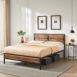 VECELO Queen Size Bed Frame with Wooden Headboard & Footboard,Metal Slats Support Heavy-Duty,No Box Spring Replacement/Easy Assemble