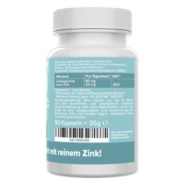 Zinc Capsules - 25 mg - High Dose - Vegan - Laboratory Tested - Zinc Bisglycinate / Zinc Chelate without Additives - Small Capsules Instead of Large Tablets - Quality from Germany - Pure Chelate -