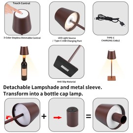 inno casa Cordless LED Table Lamp Portable Wine Bottle Light, Brown Color, 3 Color Stepless Dimming Rechargeable Battery Operated for Restauran,Bars,Party,Indoor and Outdoor