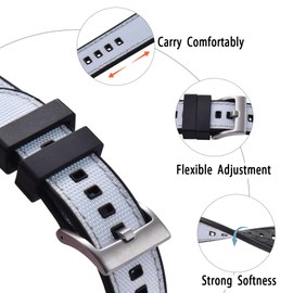 PTFULUOS Premium Upgrades Soft Hybrid (Fkm/Fpm Rubber and Sailcloth) Watch Bands for Men,20mm 22mm Waterproof Quick Release Replacement Watch Straps,Silver/Black/Gold/Rose Gold Brushed Buckle (22mm, Black White+Silver Buckle)