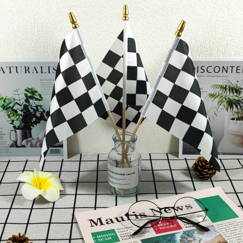 Newperlite Checkered Black and White Racing Stick Flag Small Mini