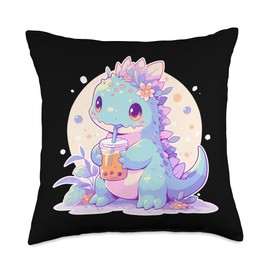 Kawaii Dino T-Rex Boba and Dino Dinosaur Shop Kawaii T-Rex Drinks Bubble Tea Dino Dinosaur Boba Throw Pillow, 18x18, Multicolor