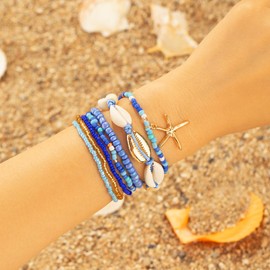 SKYFUN Beach Bracelets for Women Bohemian Stackable Heishi Surfer Bracelet Set Elastic Seashell Starfish Boho Blue Friendship Bracelets for Summer Beach Party Holiday Vacation Jewelry Gift, 7PCS Blue