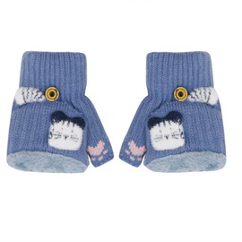 Kids Toddlers Cute Cat Fleece Lined Gloves Convertible Flip Top Fingerless Mittens for Boys Girls (Blue)