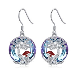enjoylifecreative Tree of Life Mushroom Crystal Earrings 925 Sterling Silver Mushroom Themed Dangle Earrings Tree of Life Jewellery Gifts for Women Girls Mushroom Lovers