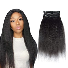 CVOHAIR LA Kinky Straight Clip In Hair Extension Seamless Clip ins Human Hair for Black Women Hair Clip in Extensions Natural Black 18 inch 120g/6pcs