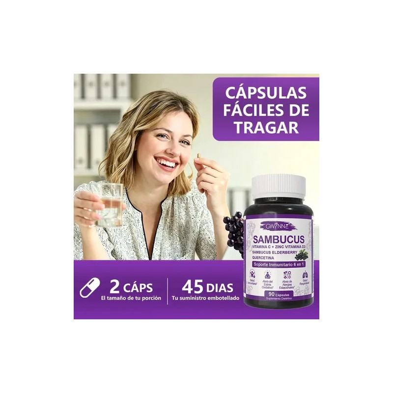 Gwynne Sambucus Suplemento Cápsulas Extracto Sauco 1000mg Vitamina Zinc Quercetina
