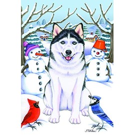 Best of Breed Siberian Husky Black/White - Tomoyo Pitcher Winter Scene Garden Flag. Flag is 12" x 17"