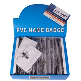 FALAMBI 100 x Name Badges / Card Holders with Insert + Clip + Pin 90 x 56 mm Badge with Clip