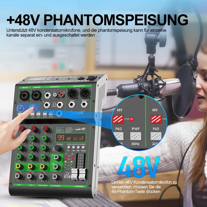Aveek Audio Mixer,Professional Sound Board Mixing Console with USB Drive/Bluetooth/Computer/4
