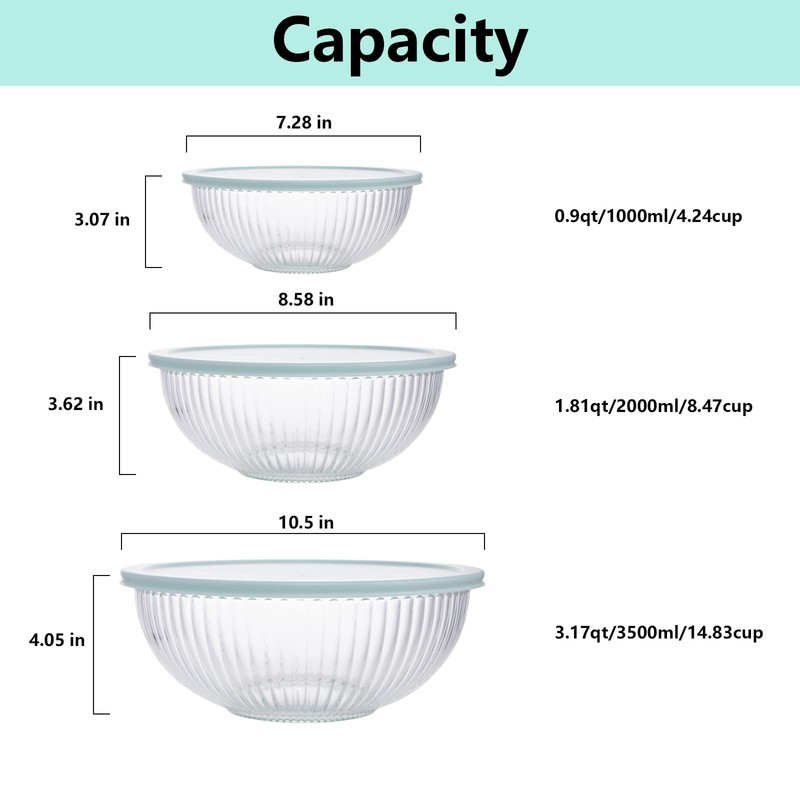 WhiteRhino Glass Mixing Bowls with Lids Set of 3(3.7QT, 2.1QT,