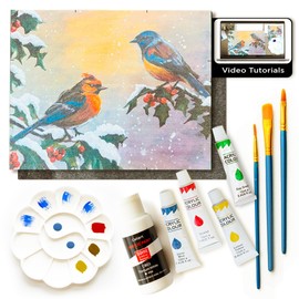 Painting4Real DIY Painting Class Kit for Adults: Learn to Paint Winter Birds with Video Tutorials – Indoor Christmas Decorations – Hang Christmas Picture/Art as Wall Decor Once Completed