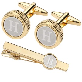 GWD Mens Cufflinks Tie clips set Set Shirt Classic Initials Alphabet A-Z Gift Box ((Cufflinks Tie Clip Set) H)