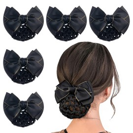 5 Pieces Women Hair Snood Net Golden Edge Bowknot Decor Barrette Elastic Mesh Hair Bun Cover Satin Bow Hairnet Professional Hairclip Hairpin for Women Girls Styling Accessories (Black)