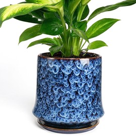 TOSELBAI 11 Inch Ceramic Planter Pot with Saucer Drainage Leak-Proof Mesh,Flower Pots for Lavender with Gardening Gloves,Ceramic Planter for Orchid(Peacock-Blue)