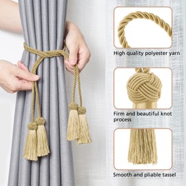 Pretty Jolly Pack of 2 Double Tassel Curtain Tiebacks Handmade Rope Knot Drape Tie Back Elegant Decorative Curtain Holdbacks for Home & Office Window Drapery (Gold)