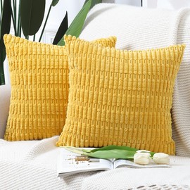 Madizz Pack of 2 Boho Striped Corduroy Throw Pillow Covers 20x20 inch, 50x50 cm, Yellow Soft Decorative Cushion Cover for Sofa Bedroom Pillow Shell