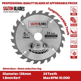 Saxton TCT Circular Wood Saw Blade 136mm x 20mm (16mm Ring) x 24 Teeth Compatible with Bosch Makita etc