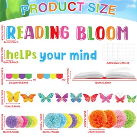 gisgfim Reading Makes Your Mind Bloom Classroom Bulletin Board Decor Set with 3D Tissue Paper Pompoms Spring Butterfly Flower Paper Cutouts Spring Reading Bulletin Board for Classroom Home Wall Decor