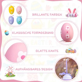 WOGOPRO Easter Eggs for Hanging, Pack of 24 Colourful Easter Eggs Plastic Easter Decoration with String Reusable Easter Eggs with Style Stripes, Flowers, Easter Hanging Decoration for Home, Garden,